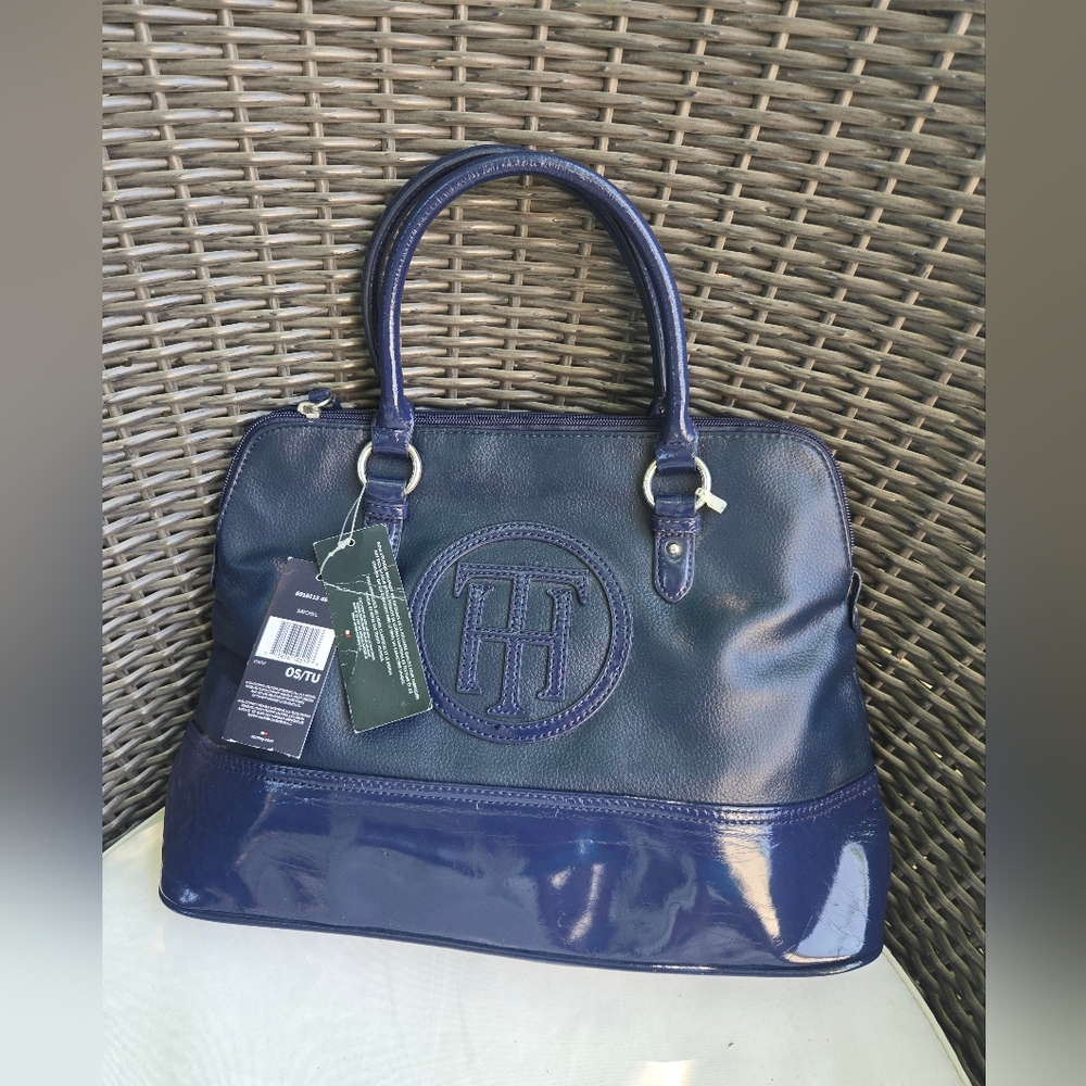 Tommy Hilfiger Blue Pebbled Patent Faux Leather Tote Purse NWT